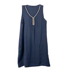 Lungo Larno 100% linen embellished v neck dress Size M navy blue made‎ in Italy